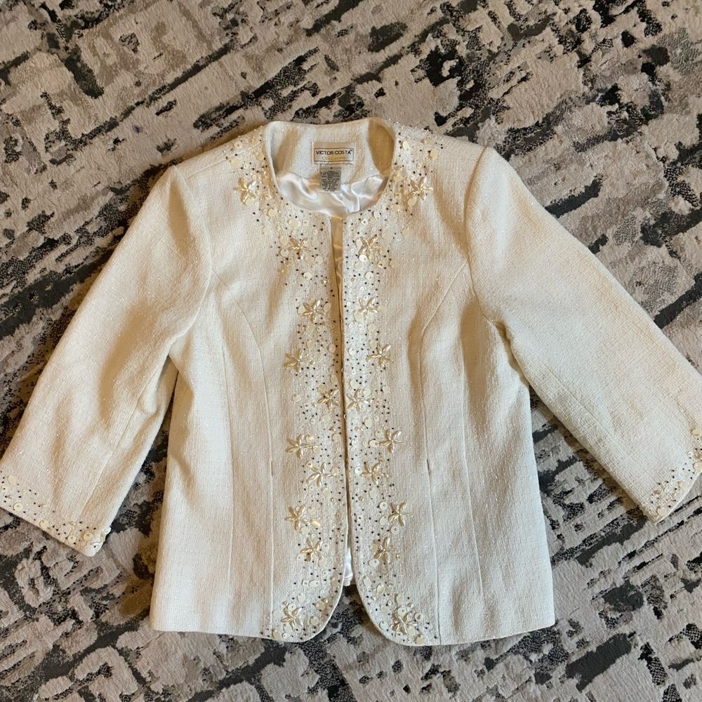 Vintage Victor Costa Tweed Creme Embellished Blazer Womens Small
